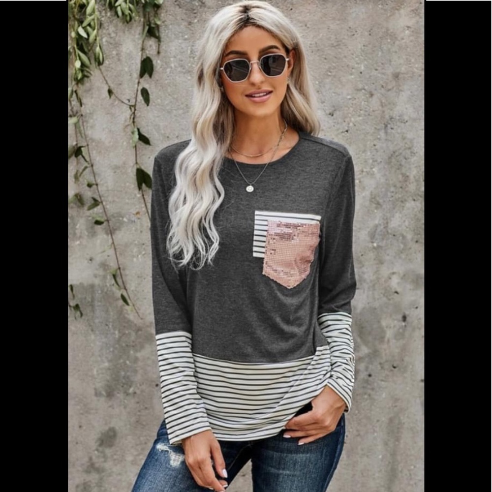 Striped Pocket Sequins Splicing Long Sleeve Top